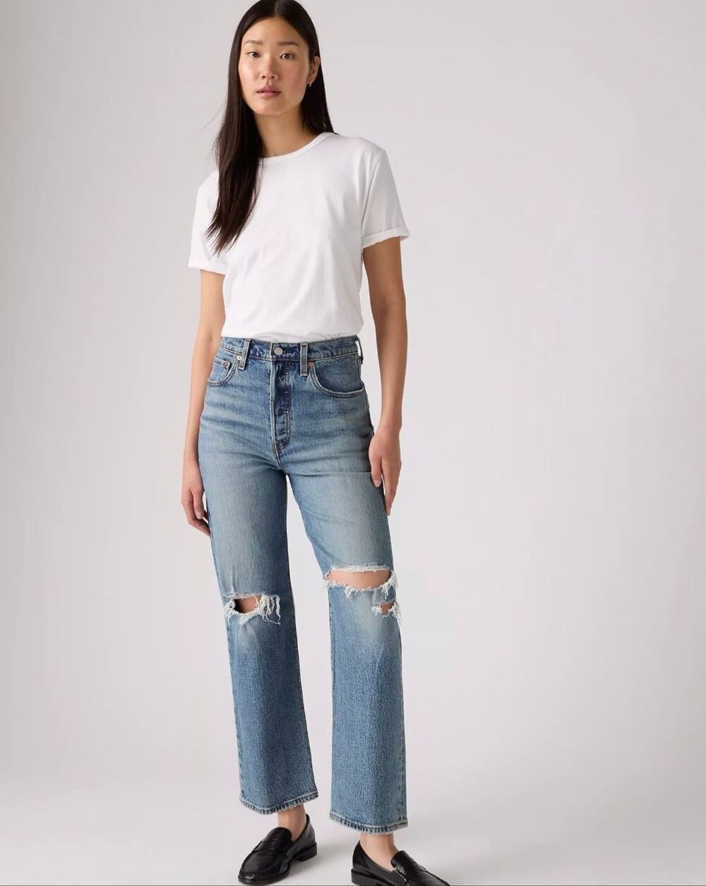 LEVI'S Ribcage Straight Ankle Jeans Size 31 US 12 High Rise Waterless Destroyed